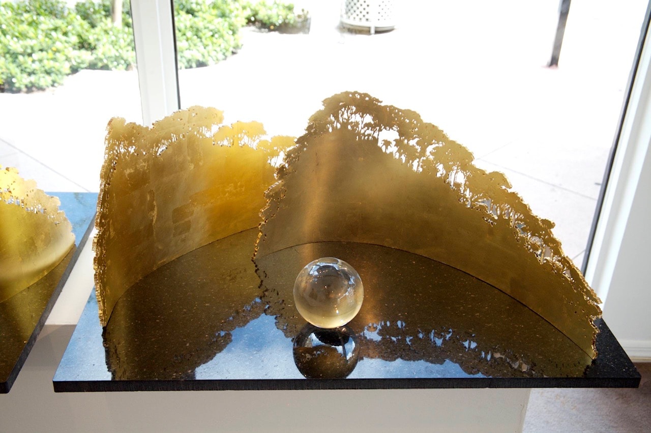 Golden Labyrinths, 24K gold gilded laser-cut plexiglass, crystal sphere, Black Galaxy granite platform, 2007 — Cavelier Arte